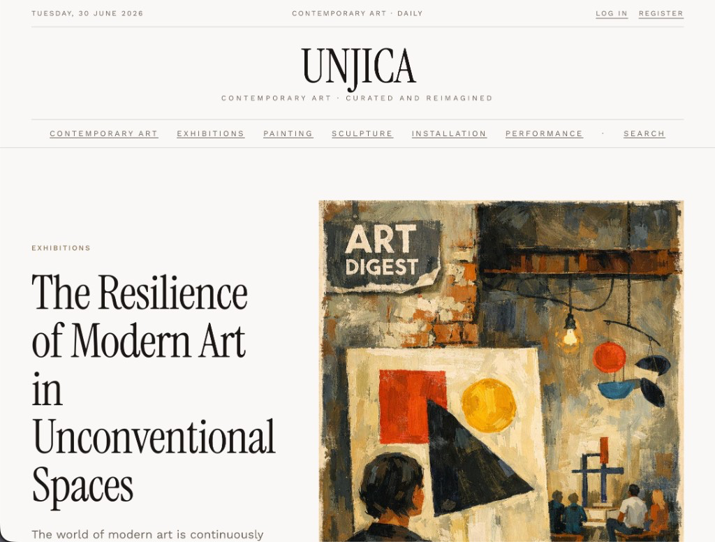 Unjica contemporary art publishing platform homepage